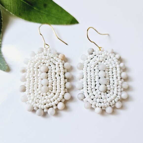 🌿 Beaded White Bohemian Shield Hoop Earrings | Handmade Indigenous Earrings - Picture 4 of 6